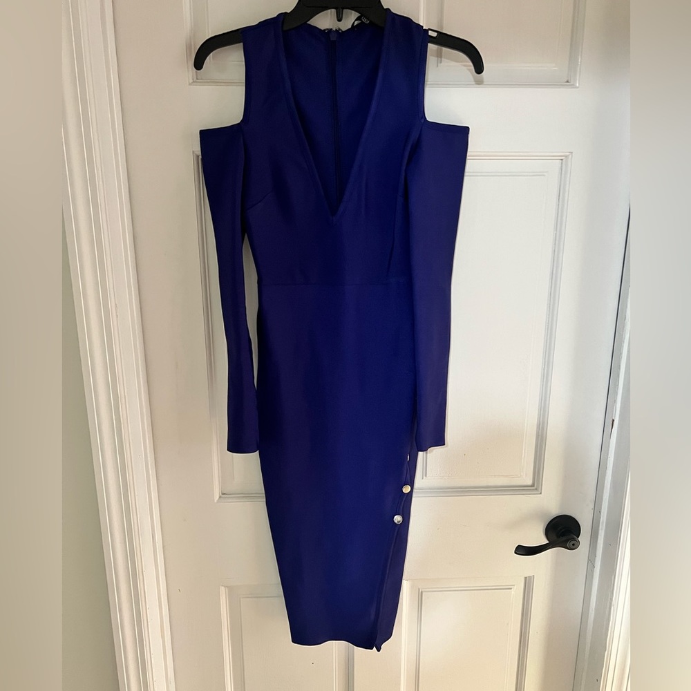 Missguided Blue Bandage Dress with long sleeves open shoulder size XS
